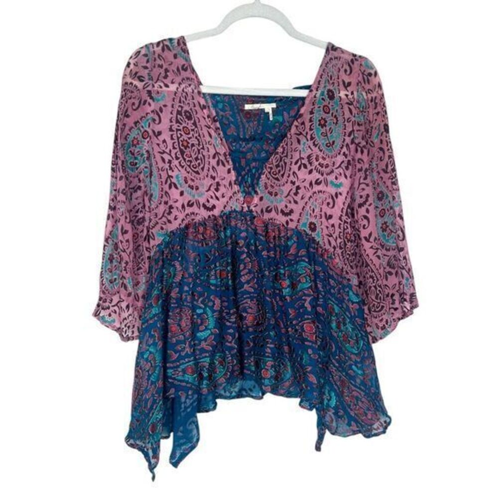 Anthropologie Silk Blouse Floreat Small Blue Valo Velvet Burnout Paisley Top